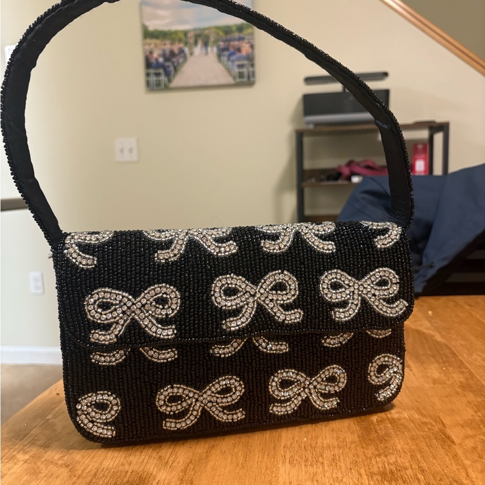 T.J.Maxx Black and Silver Beaded Shoulder Bag